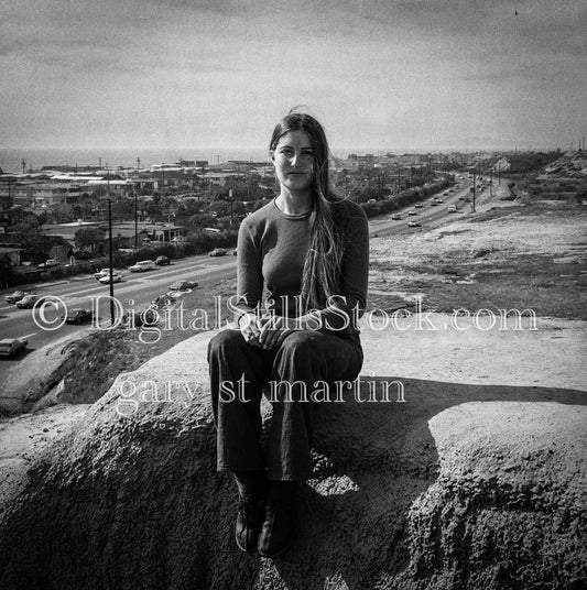 Diane Sitting on Rock Looking Straight Analog, Portraits, Women, B & W