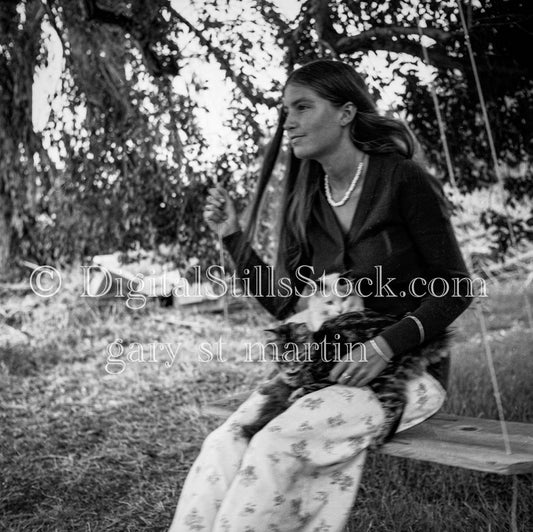 Diane Sitting on Swing with Two Cats on Lap Analog, Portraits, Women, B & W
