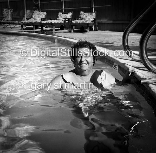 Portrait of Norma in the Pool, Chula Vista, CA, analog, black & white, portrait