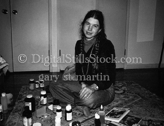 Caroline in Braids Crafting on Floor Analog, Portraits, Women, B & W