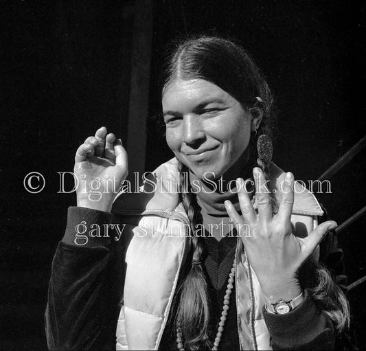 Caroline Smiling Showing Back of Hand Analog, Portraits, Women, B & W