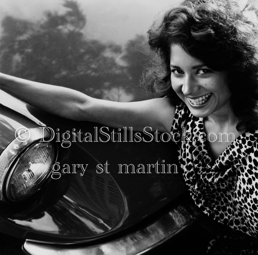 Model in Cheetah Top Smiling on Car Hood V2 Analog, Portraits, Women, B & W