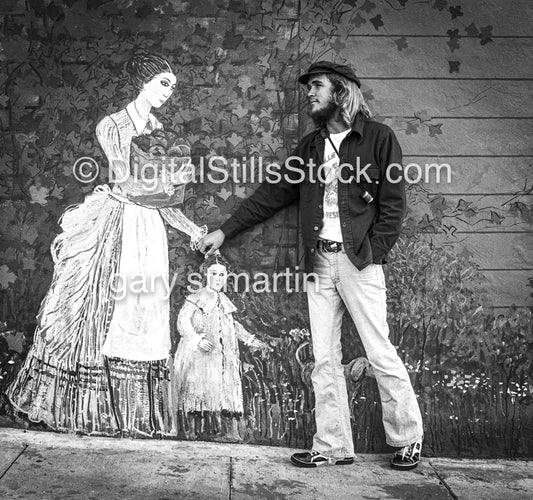 L. Dean Jones, Jr,, interaction with Wall Art, Polk St. San Francisco, CA, Analog, Black & White, Portraits, Men