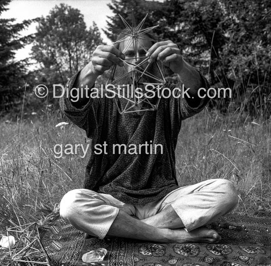 Healer Sitting In the Field Holding Pyramids V2, Analog, Black & White, Portraits, Men