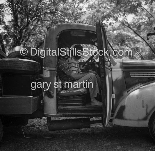 Sitting in the Truck, black and white analog group