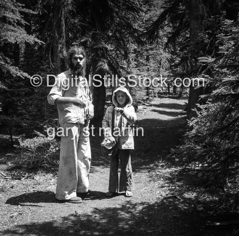 Hiking in the woods, black and white analog groups