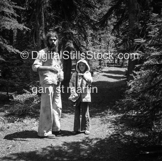 Hiking in the woods, black and white analog groups