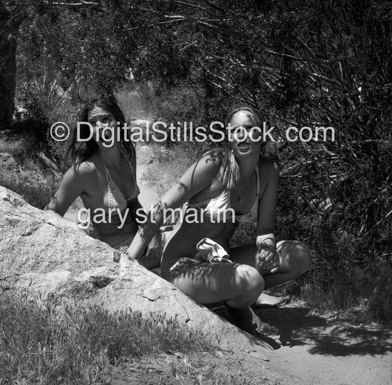 2 girls ready to swim, black and white analog groups