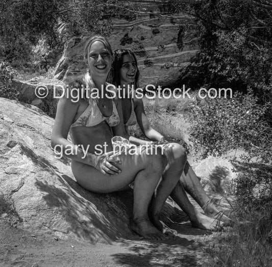 2 girls in the summer, black and white analog groups