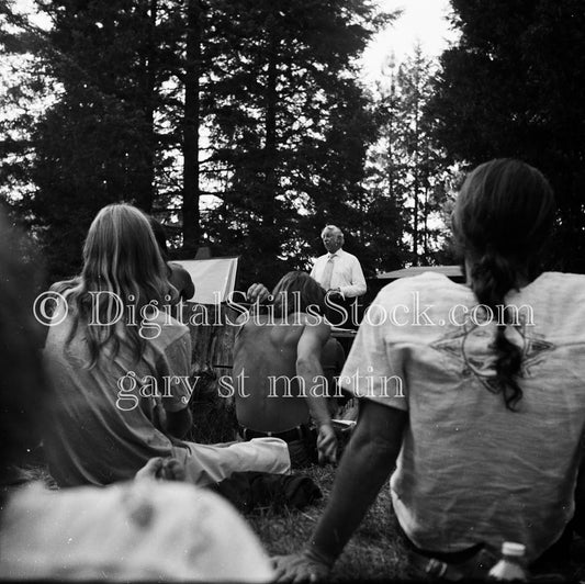 Dr. Christopher, Iridologist, Speaking to Audience Analog, Portraits, Groups B & W