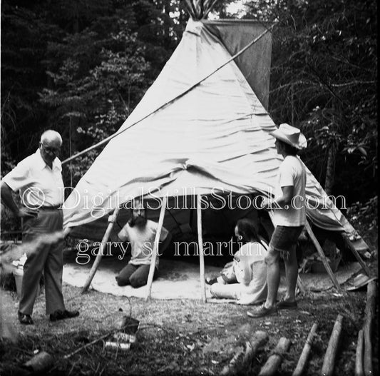 Joe, John, Jack and David Setting Up Tent Analog, Portrait, Group, B & W