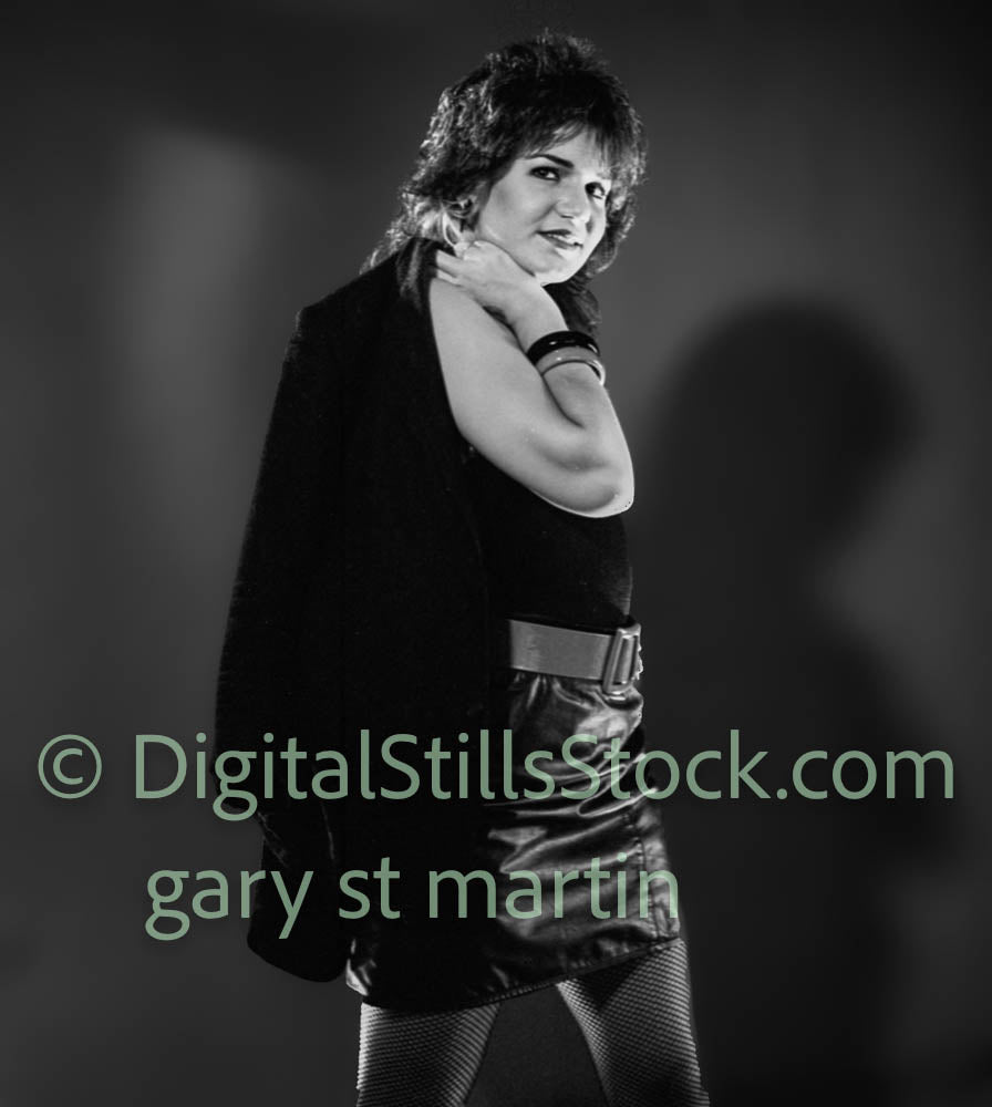Elaine Side View, Smiling Holding Jacket, analog, black and white, clubland