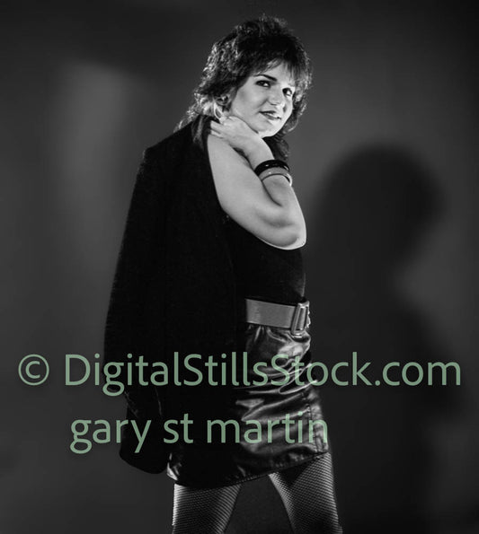 Elaine Side View, Smiling Holding Jacket, analog, black and white, clubland