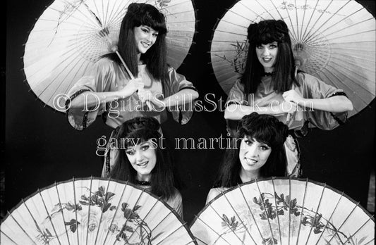 Dansations portrait holding umbrellas, analog, 80s rock