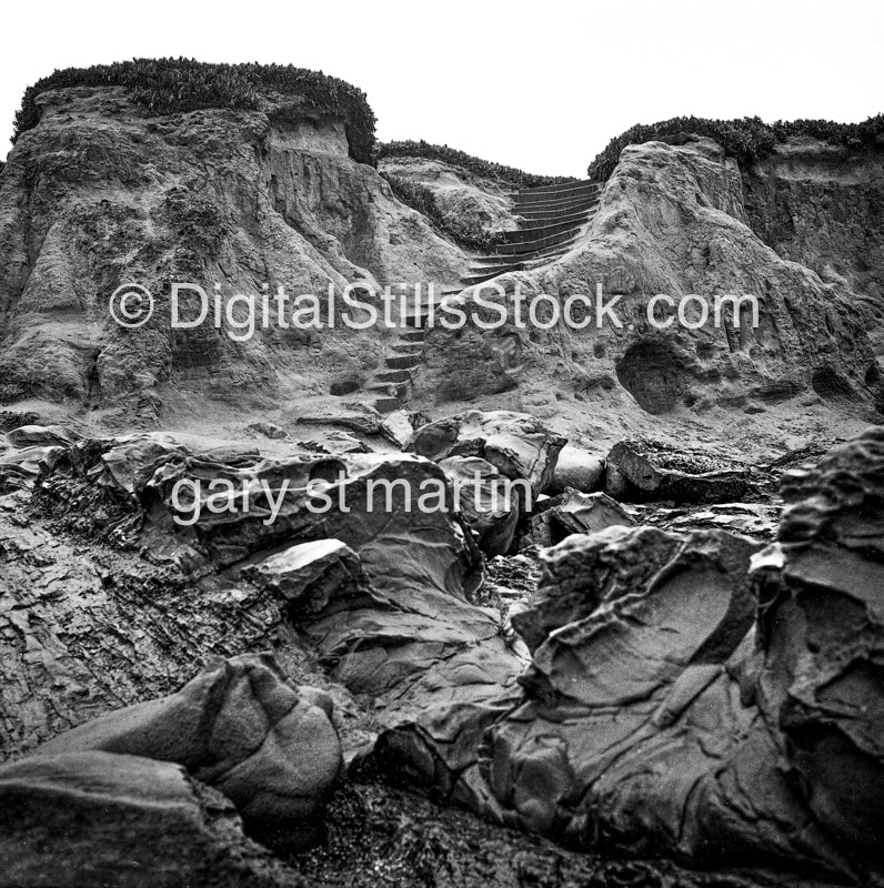 Stairs carved into the rock in Pacifica, California, analog scenrey