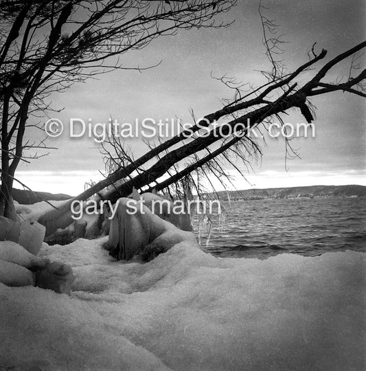 Snow by the water at Lake Superior, Michigan, , analog scenery