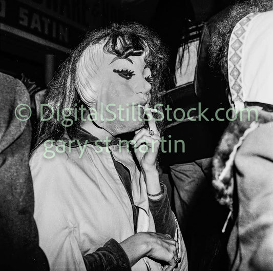 Masked Costume Smoking a Cigarette, Polk St., Analog, B & W