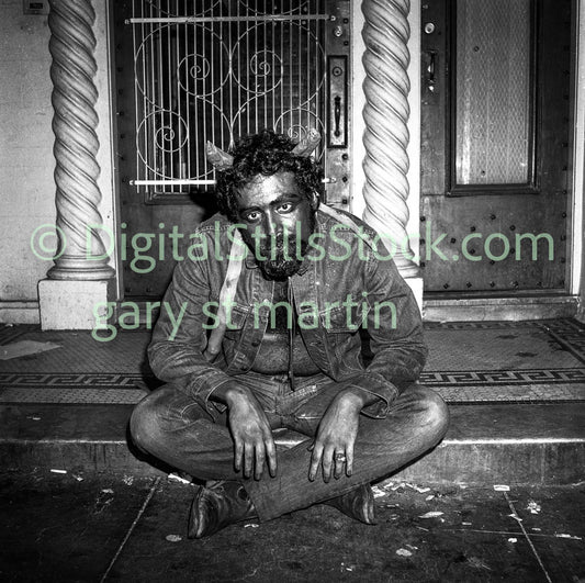 Devil Man Sitting on Steps, Polk St., Analog, B & W