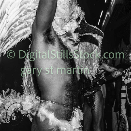 Bird Head Costume Close Up, Analog, Polk St., B & W