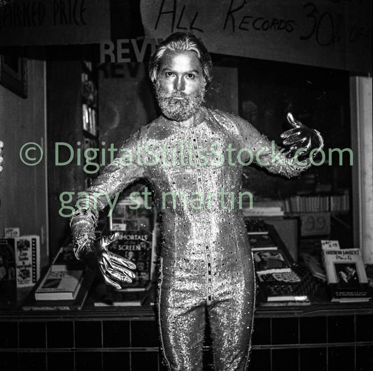 Tin Man Posing Close Up, Polk St., Analog, B & W