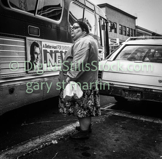Woman Waiting for Bus, Polk St., B & W, Analog