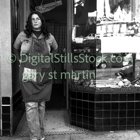 Marca Posing by Store on Polk St., Analog, B & W,  Polk St