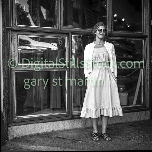 Woman in White Dress Posing, Analog, Polk St., B & W