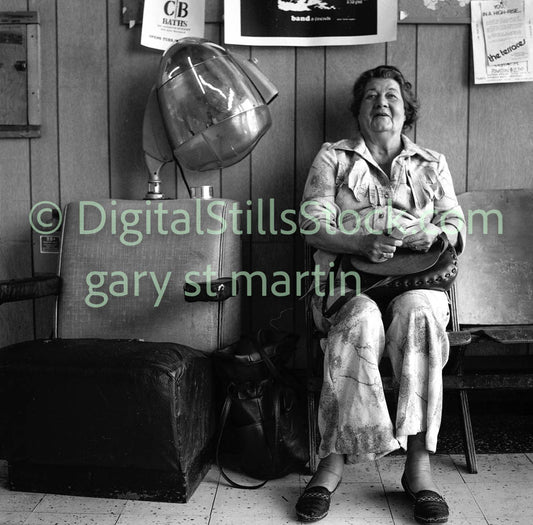 Woman in Hair Salon Chair, Analog, B & W, Polk St.