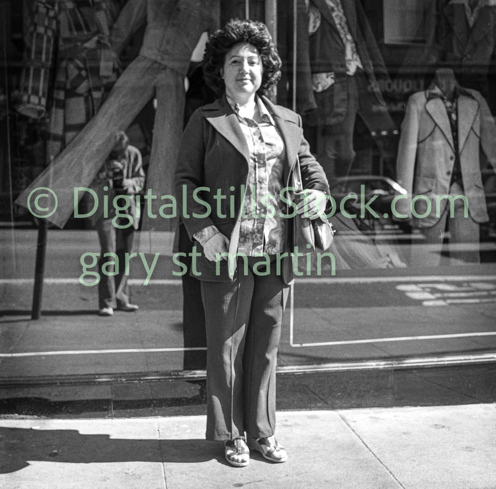 Business Woman Standing by Clothing Store, Analog, B & W, Polk St.