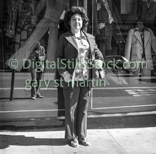 Business Woman Standing by Clothing Store, Analog, B & W, Polk St.
