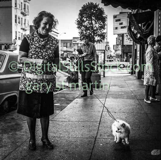 Woman and Pet Dog on Polk Street, Analog, B & W, Polk St.