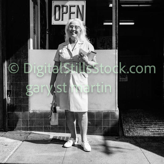 Elderly Woman Smiling with Mail, Analog, B & W, Polk St.