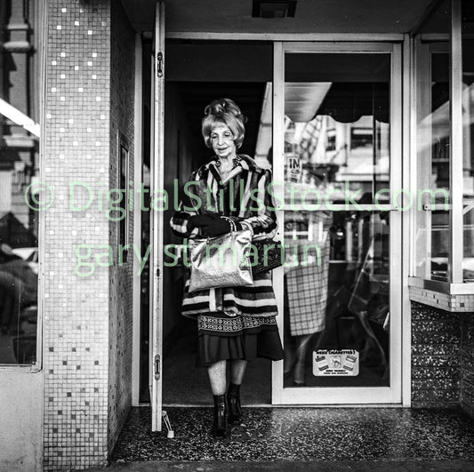 Stylish Older Woman Leaving Shop, Analog, B & W, Polk St.