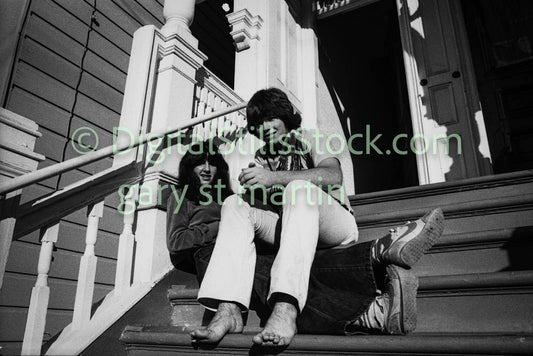 Two Friends on the Steps, B & W, Analog, Polk St.