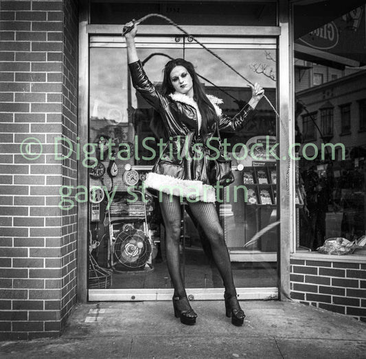 Woman with Whip in Heels,, B & W, Analog, Polk St.