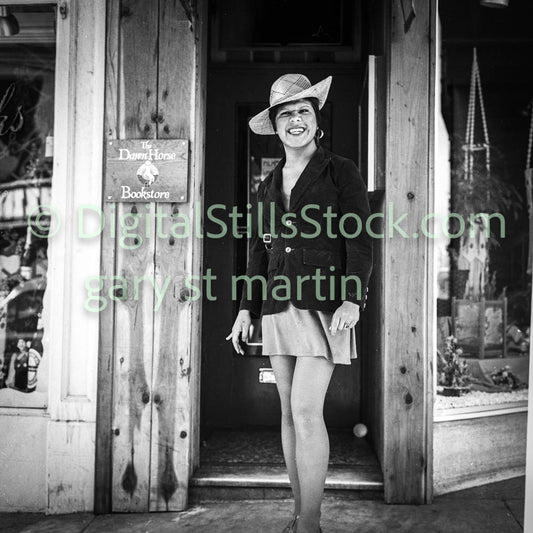 Woman with Hat in Front of Bookstore, Polk St., Analog, B & W