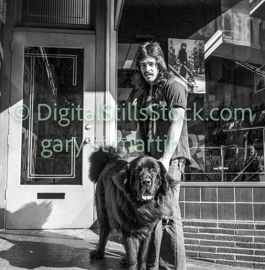 Man and Pet Dog by Instrument Store, Polk St., Analog, B & W