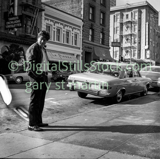 Man Standing on Polk Street, Analog, B & W, Polk St.