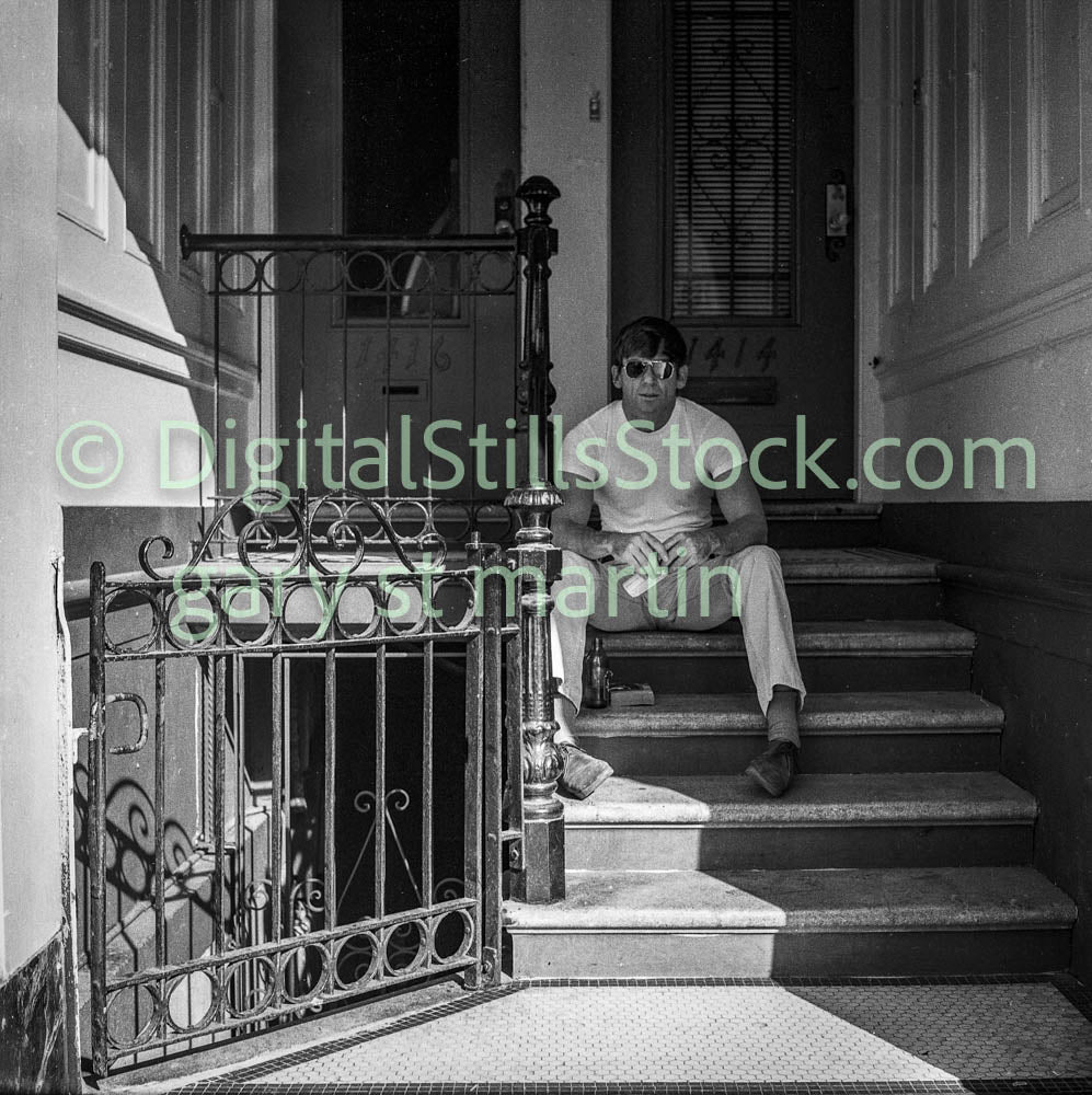Man Sitting on Apartment Stairs, B&W, Analog, Polk St.
