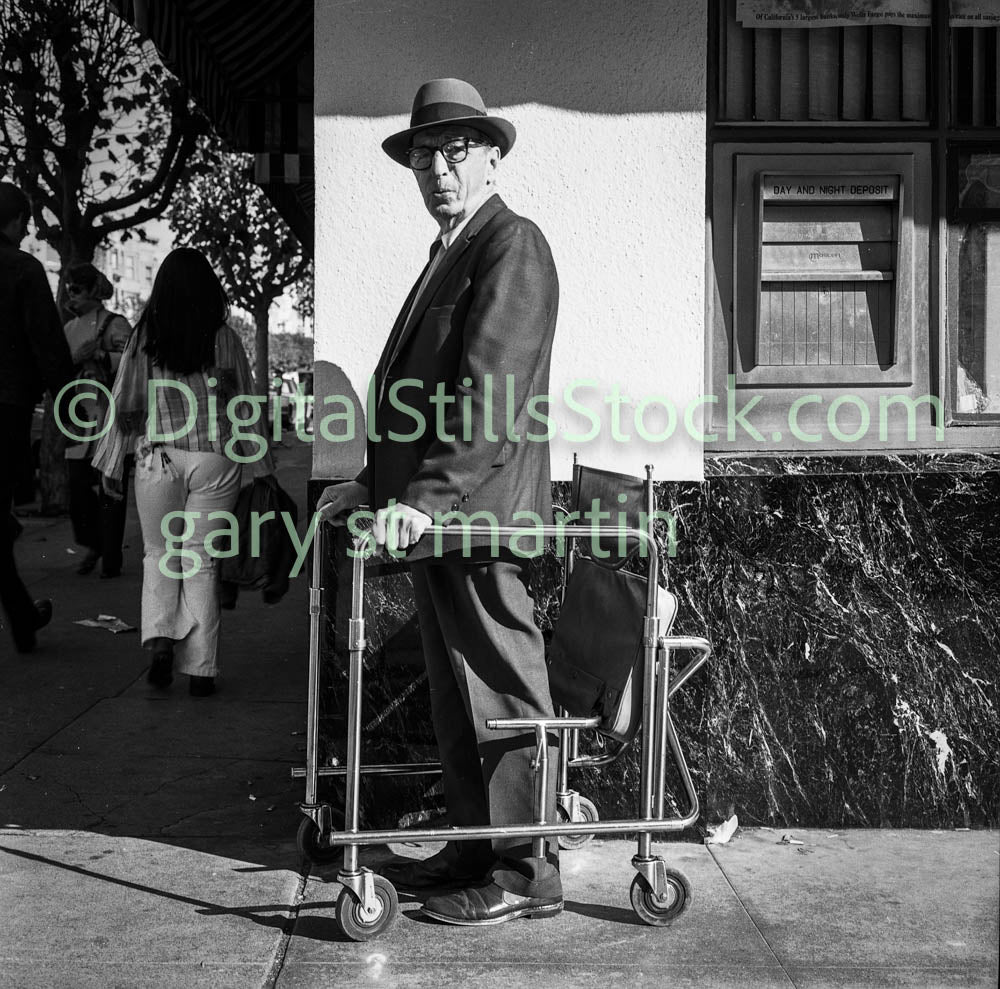 Man Posing With Walker and Fedora, Analog, B & W, Polk St.