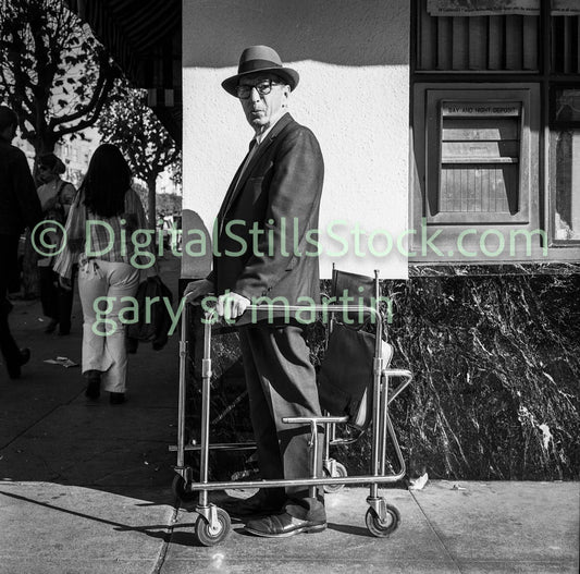 Man Posing With Walker and Fedora, Analog, B & W, Polk St.