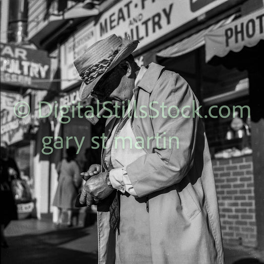 Man Smoking Pipe in Front of Meat Shop, Analog, B & W, Polk St.