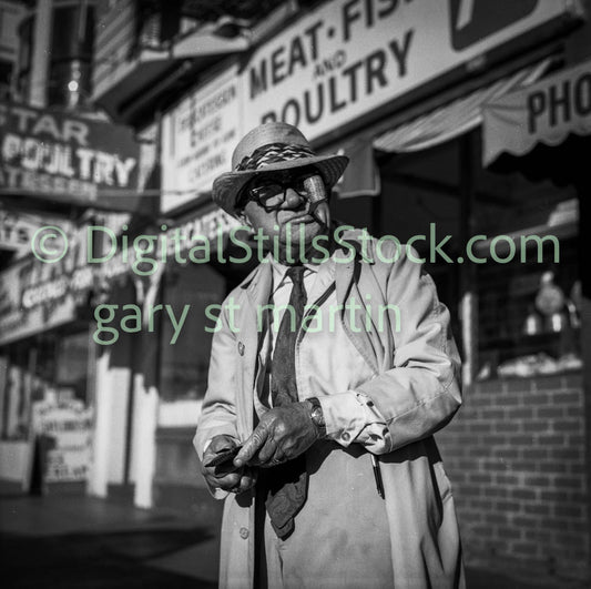Man Smoking Pipe in Front of Meat Shop V2, Analog, B & W, Polk St.