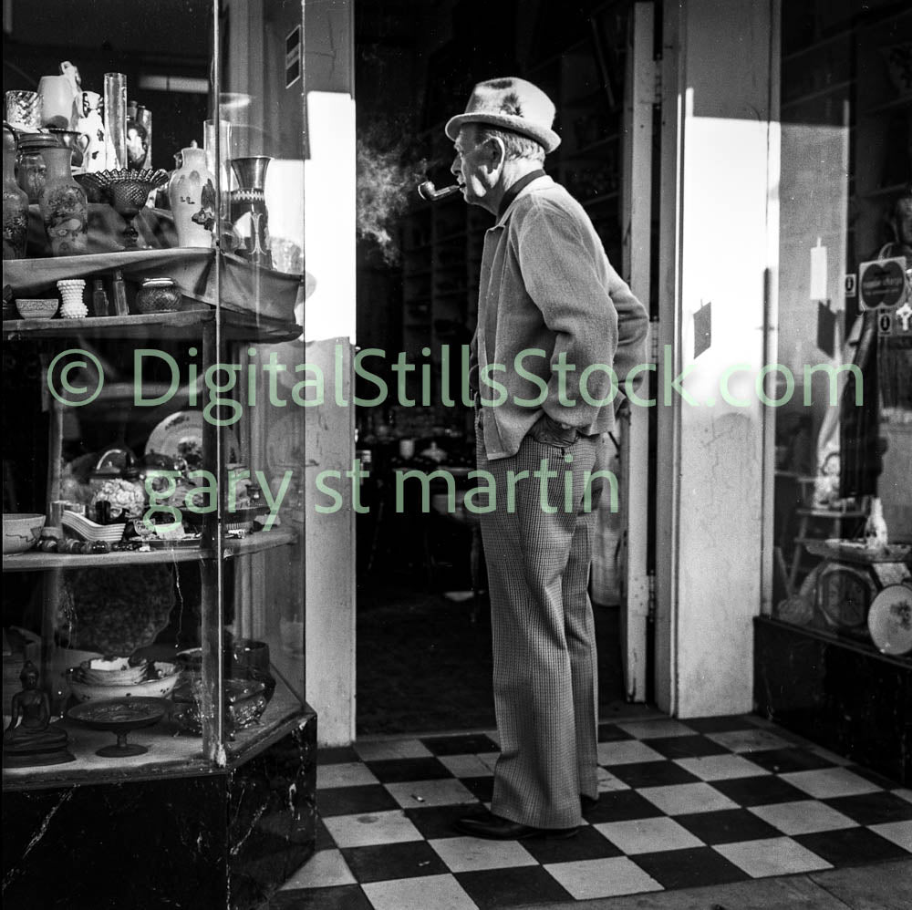 Man Smoking at Antique Store on Polk, Analog, B & W, Polk St.