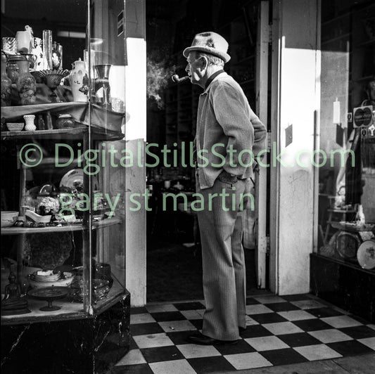 Man Smoking at Antique Store on Polk, Analog, B & W, Polk St.