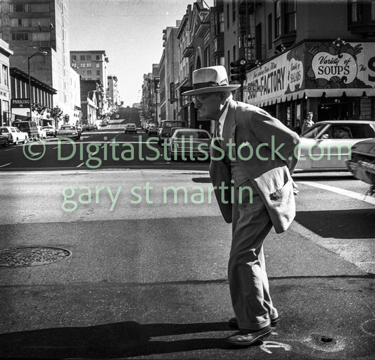 Man Standing on Road with Toothpick, Analog, Polk St., B & W
