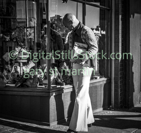 Man Window Shopping in Bellbottoms, Analog, B & W, Polk St.