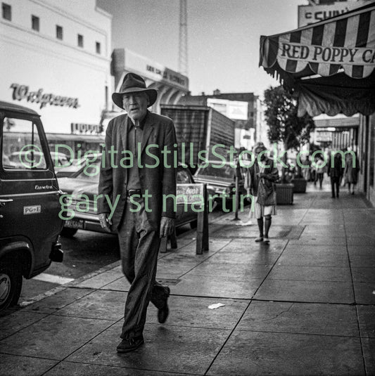 Man Walking Along Polk Street in Fedora, B & W, Polk St., Analog