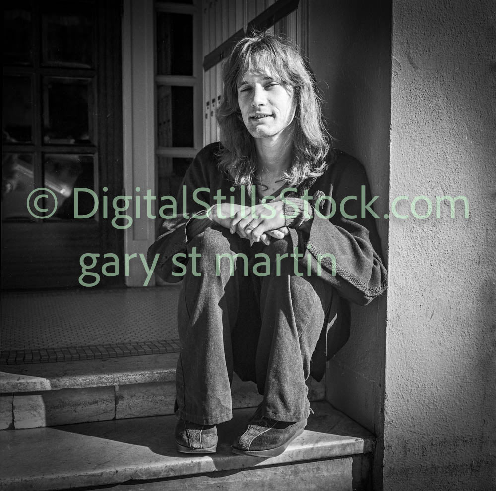 Man on Steps on Polk Street, Analog, B & W, Polk St.