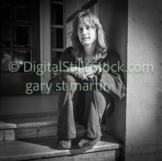 Man on Steps on Polk Street, Analog, B & W, Polk St.